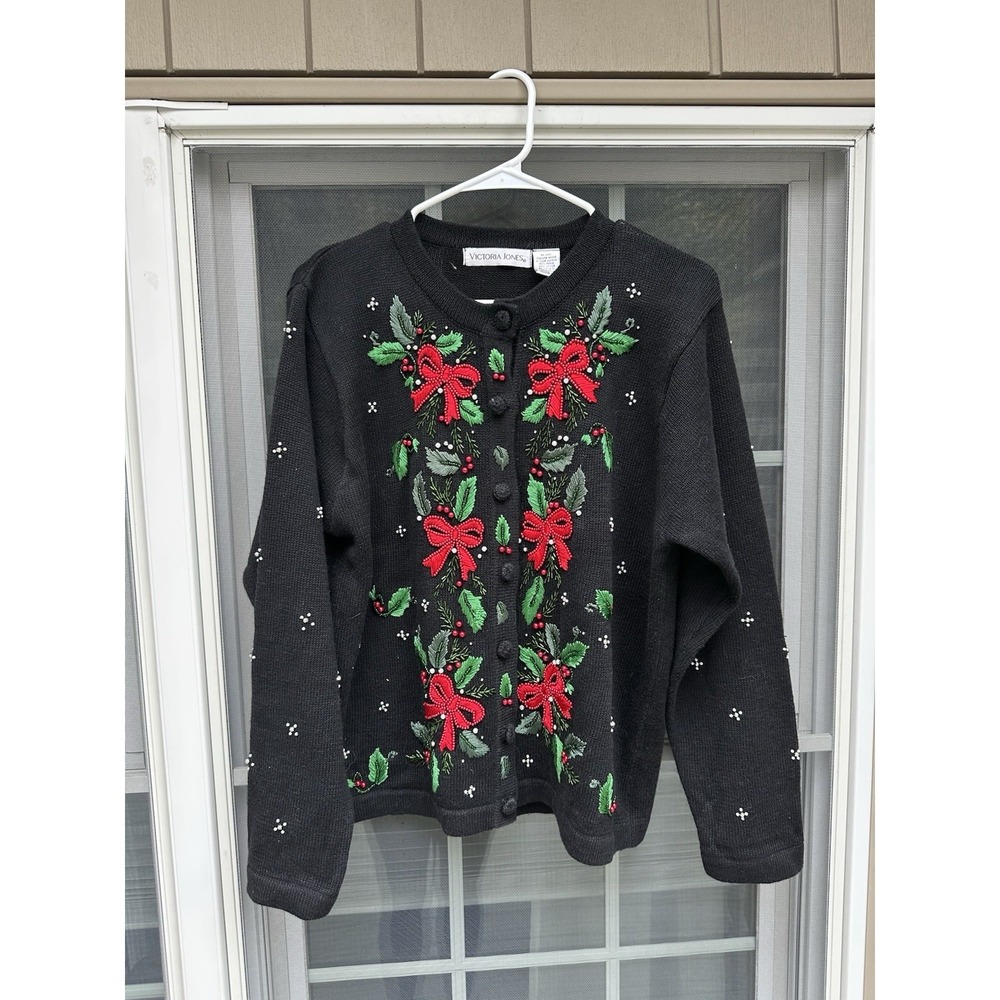VICTORIA JONES Christmas Cardigan Sweater Black Embroidered Embellished Med